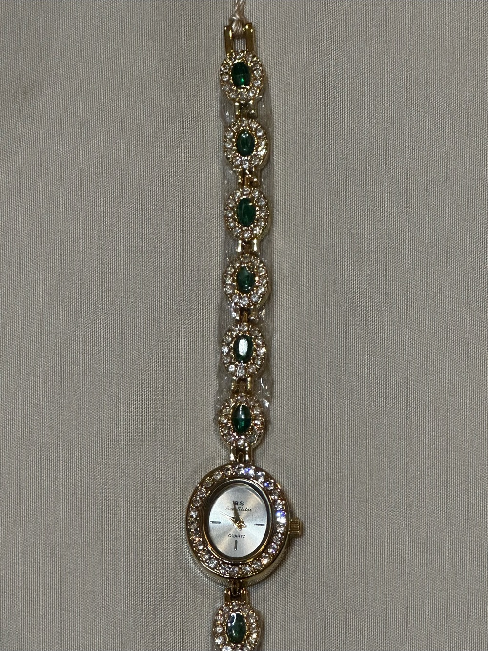 Vintage Inspired Dainty Gold-Tone Ladies Bracelet Watch with Green Stone Accents - Picture 5 of 14